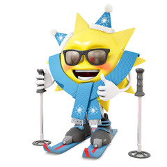 3D skiing sun character, 3d rendering