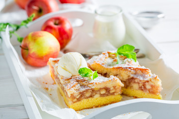 Closeup of sweet wanilla ice cream and apple pie