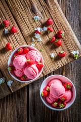 Closeup of homemade ice cream with strawberries
