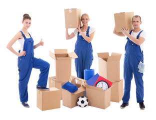 moving day concept - people in blue workwear with cardboard boxes isolated on white