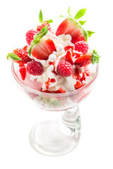 Sweet raspberry and strawberry ice cream on white background