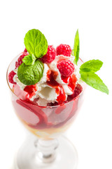 Sweet dessert with raspberry ice cream on a white background