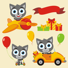 Set isolated funny wolf in cartoon style for holiday design. Collection cute wolf with balloons and gifts for children holiday and birthday.