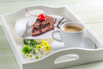 Closeup of coffee and chocolate cake with cherries