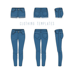 Female clothing set of blue jeans and denim shorts. Vector templates in front, back, side views for fashion design in urban style. Isolated on white background. - 145213628