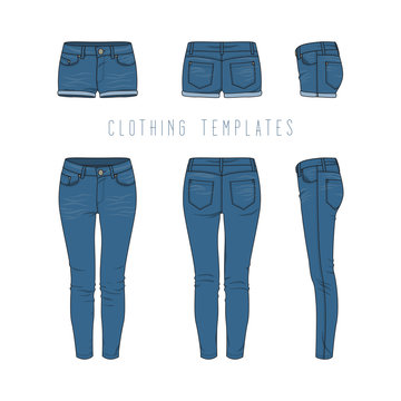 Female clothing set of blue jeans and denim shorts. Vector templates in front, back, side views for fashion design in urban style. Isolated on white background.