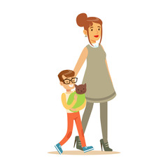 Young boy with his mother holding a wrapped cat. Colorful cartoon character Illustration