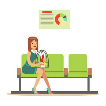 Woman sitting in waiting hall with her parrot in a cage and expecting for visiting a doctor. Colorful cartoon character Illustration