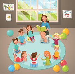 In classroom teacher and children's activity in the kindergarten. Vector design.