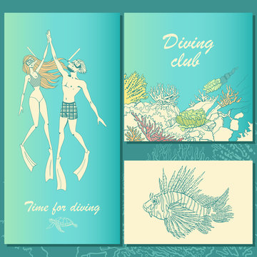 Set of diving illustrations. Couple of divers, coral reef, fish. Contour drawing.