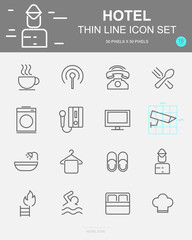 Set of  Hotel Vector Line Icons. Includes coffee, breakfast, washing, telephone and more. 50 x 50 Pixel.