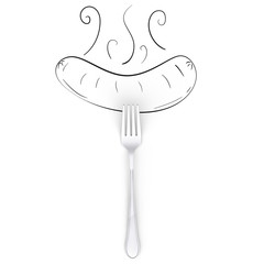 White siver or metal fork with hand drawn painted doodle sausage. Above view. 3D render.