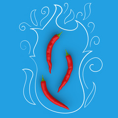 Red hot chilli pepper with hand drawn painted doodle fire. Above view. 3D render. Creative illustration.