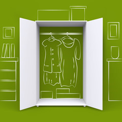 White modern open wardrobe with hand drawn painted on wall doodle elements of interior, dresses, boxes. Front view. 3D render.