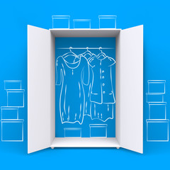 White modern open wardrobe with hand drawn painted on wall doodle elements of interior, dresses, boxes. Front view. 3D render.