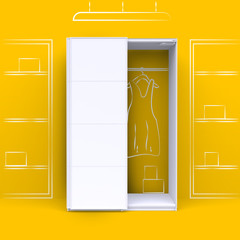 White modern open wardrobe with hand drawn painted on wall doodle elements of interior, dresses, boxes. Front view. 3D render.