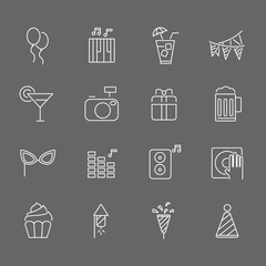 Set of  Party Vector Line Icons. Includes gift, music, cake, cocktail and more. In gray background.