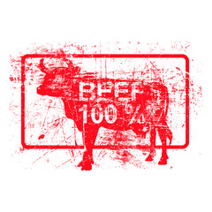 Fototapeta na wymiar beef 100 per cent - red rubber grungy stamp in rectangular with dirty background vector illustration