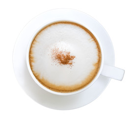 Top view hot coffee latte cappuccino isolated on white background, clipping path included
