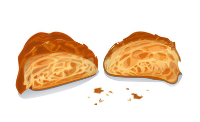 Vector croissant cutted in half. The pieces of flaky pastry with crumbs on white background.