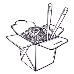 Vector illustration of a Chinese restaurant opened to take out a box filled with noodles, shrimps and chopsticks. - 145215833