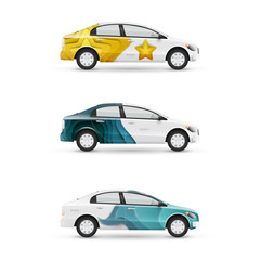 Set of branding design templates white passenger car. Mock up transport for advertising, business and corporate identity.
