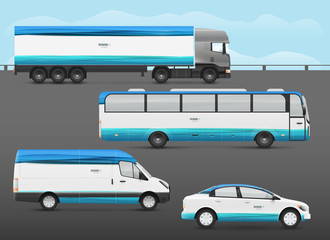 Design branding vehicles for advertising and corporate identity. Mock up for transport. Passenger car, bus and van. Graphics elements with paper art waves.