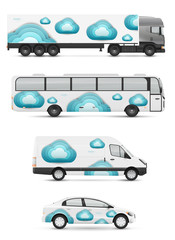 Design branding vehicles for advertising and corporate identity. Mock up for transport. Passenger car, bus and van. Graphics elements with paper clouds.