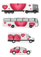 Design branding vehicles for advertising and corporate identity. Mock up for transport. Passenger car, bus and van. Graphics elements with paper red heart.