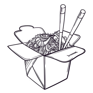 Vector illustration of a Chinese restaurant opened to take out a box filled with noodles, shrimps and chopsticks.