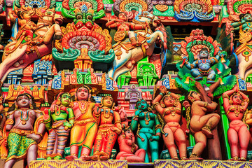 Colorful carved walls of the Indian temple.