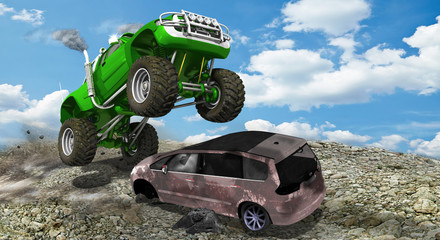 Monter Truck springt über Autowrack © i-picture