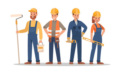 Construction staff characters design. Include foreman, painter, electrician, landscaper, carpenter. Professionals team.