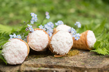 dessert - waffle cones in green leaves