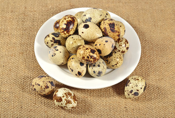 Quail eggs in a white bowl in a sacking
