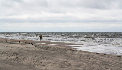 Fototapeta na wymiar Lonely man on the beach. Amber gathering, stormy weather