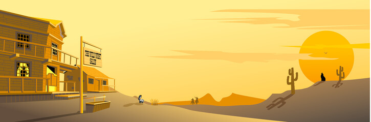 Cartoon Wild West Salon and Prairie Landscape with Sunset
