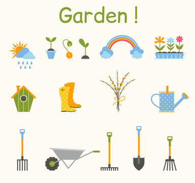 Set of various gardening items. Garden tools.