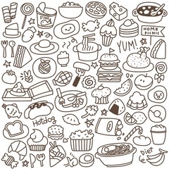Set of Cute Food Doodle. Black and White.