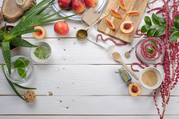 cooking cosmetics, food, aloe, peach, amaranth. The concept of health, food