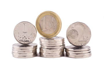 czech crown and euro coin