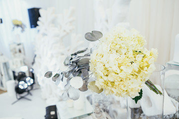 Bouquet of white flowers and silver leaves in the glass vase