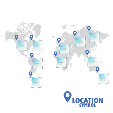 Location symbol. My screen. Map pointer, GPS location icon, world map. 