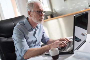 Portrait of senior businessman working on laptop, hard light