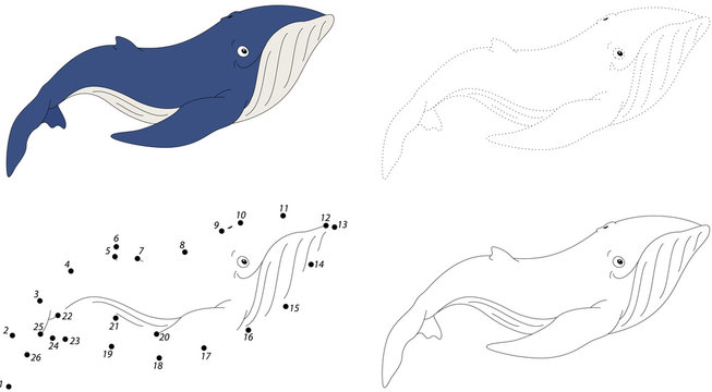 Cartoon blue whale. Dot to dot game for kids