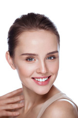Obraz premium Beauty Cosmetics. Smiling Woman Caressing Perfect Soft Skin