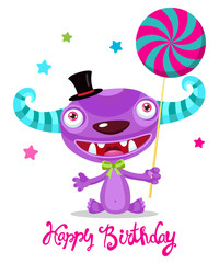 Holiday Every Day. Cute Monster With Color Lollipop Vector. Cartoon Monster Vector Illustration. Funny Birthday Greeting Card Theme.
