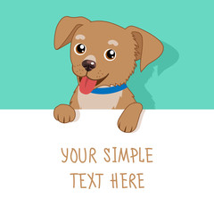 Nice Pet. Vector Cute Dog Holding A White Blank Board, Card Or Banner. Cartoon Puppy Above A Blank Sign.