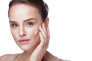 Face Makeup. Sexy Woman Applying Foundation Cream On Skin