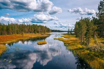 Fotobehang Blauwe hemel Idyllic summer landscape with clear lake in Finland  © NBLX